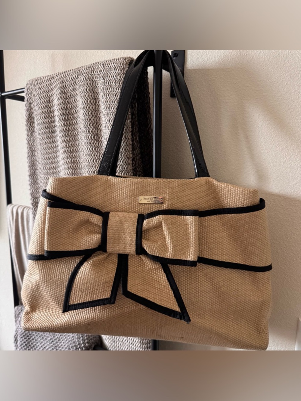 Kate Spade Mount Perry Rumour Raffia bow woven large Tote bag
